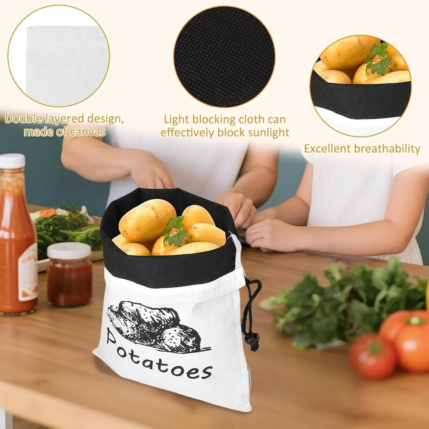 کیسه نگهداری سیب زمینی | کیسه های نگهداری پیاز و سبزیجات | کیسه قابل شستشو و استفاده مجدد با بند کشی، ظرف بزرگ مواد غذایی، سطل سبزیجات برای میوه ها، انبار مواد غذایی