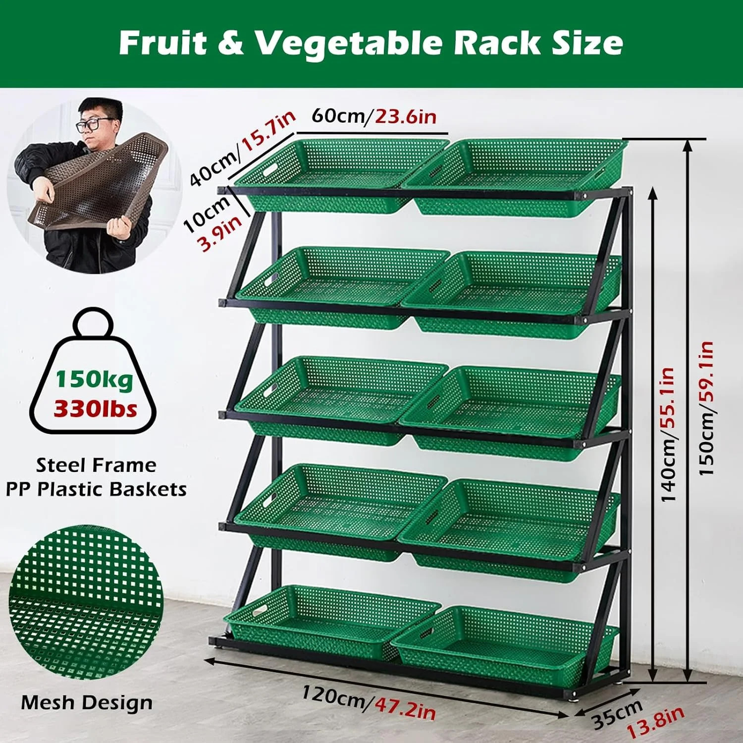5 Tier Fruit Vegetable Basket Storage, Commercial Large Snack Rack for Supermarket/Pantry/Retail Store/Market, Kitchen Potato Onion Produce Organizer Shelf(Green) 5 Tier Fruit Vegetable Basket Storage, Commercial Large Snack Rack for Supermarket/Pantry/Retail Store/Market, Kitchen Potato Onion Produce Organizer Shelf(Green)