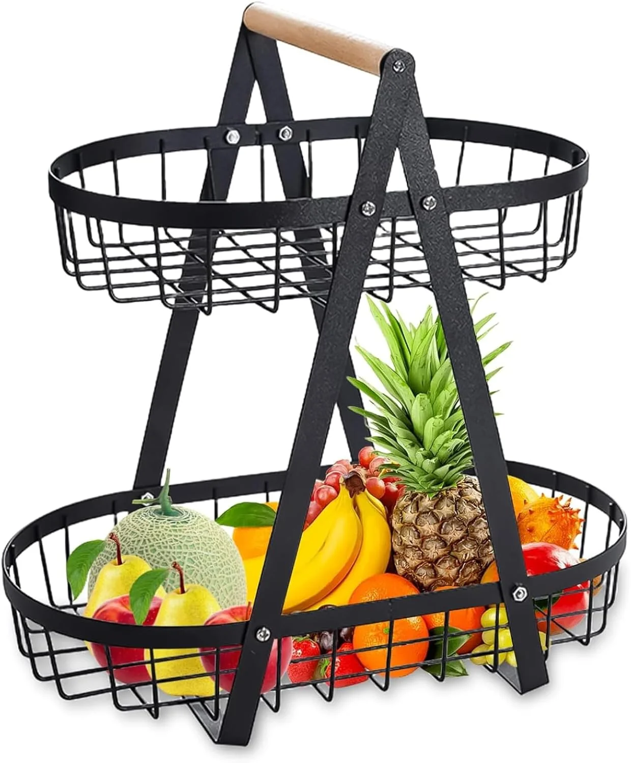 سبد میوه و سبزیجات دو طبقه، ارگانایزر آشپزخانه، قفسه فلزی مشکی با دسته چوبی، استند رومیزی برای میوه، سبزیجات، پیاز، سیب زمینی، تنقلات، نان و تخم مرغ سبد میوه و سبزیجات دو طبقه، ارگانایزر آشپزخانه، قفسه فلزی مشکی با دسته چوبی، استند رومیزی برای میوه، سبزیجات، پیاز، سیب زمینی، تنقلات، نان و تخم مرغ