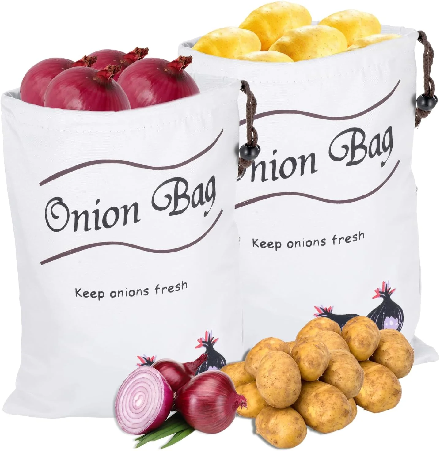 کیسه نگهداری سیب زمینی و پیاز، 2 بسته کیسه نگهداری سبزیجات برای نگهداری سیب زمینی و پیاز با بند کشی، آستر خاموشی، قابل شستشو و استفاده مجدد برای آشپزخانه انبار (سفید)