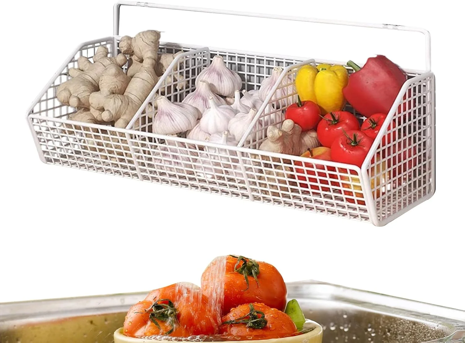 سبد سبزیجات برای آشپزخانه - سبد میوه 3 محفظه، قفسه دیواری صرفه جویی در فضا برای سازماندهی انبار پیاز و سیب زمینی زنجبیل