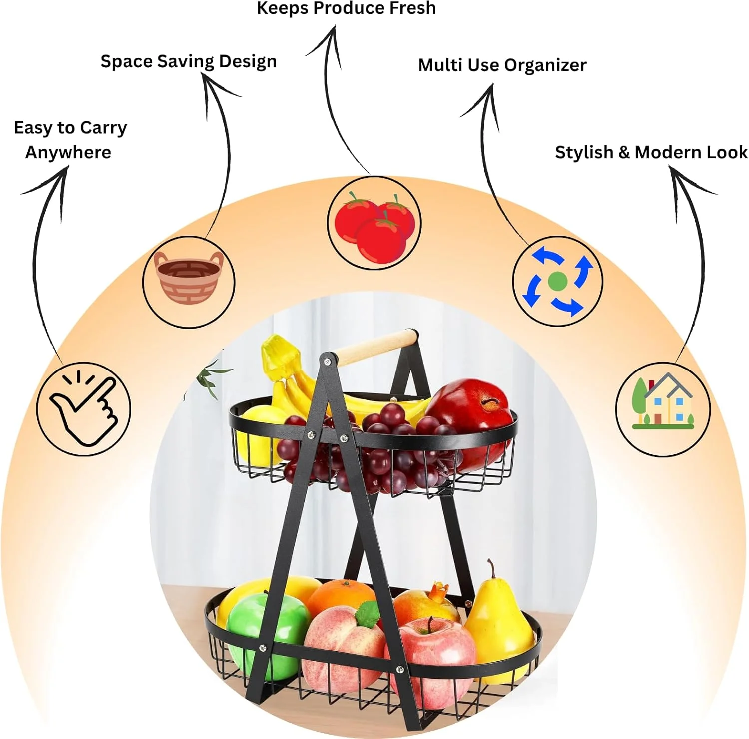 سبد میوه و سبزیجات دو طبقه، ارگانایزر آشپزخانه، قفسه فلزی مشکی با دسته چوبی، استند رومیزی برای میوه، سبزیجات، پیاز، سیب زمینی، تنقلات، نان و تخم مرغ