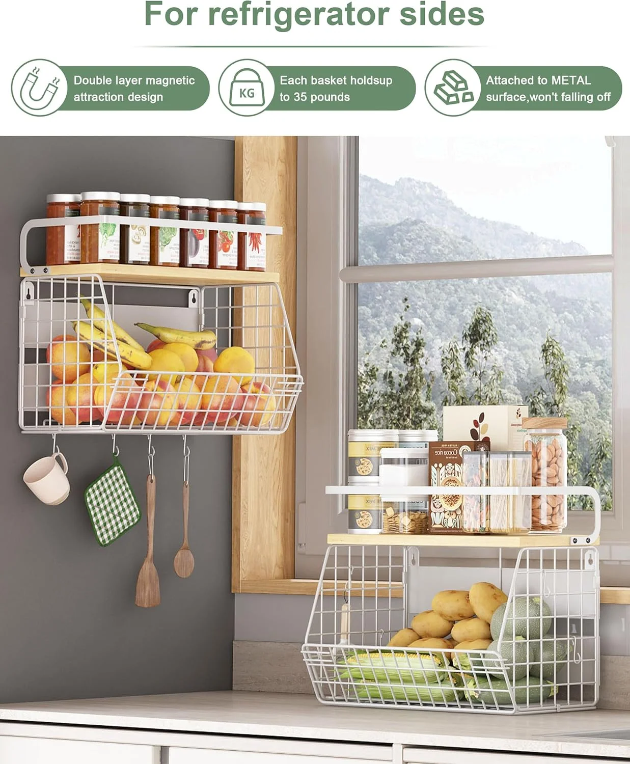 بسته 2 عددی سبد میوه مغناطیسی UMDONX، قفسه ذخیره سازی سبزیجات آشپزخانه، قفسه آویز بزرگ یخچال برای ادویه جات ترشی جات، پیاز و سیب زمینی - 2 طبقه فلزی بادوام با رویه چوبی سفید