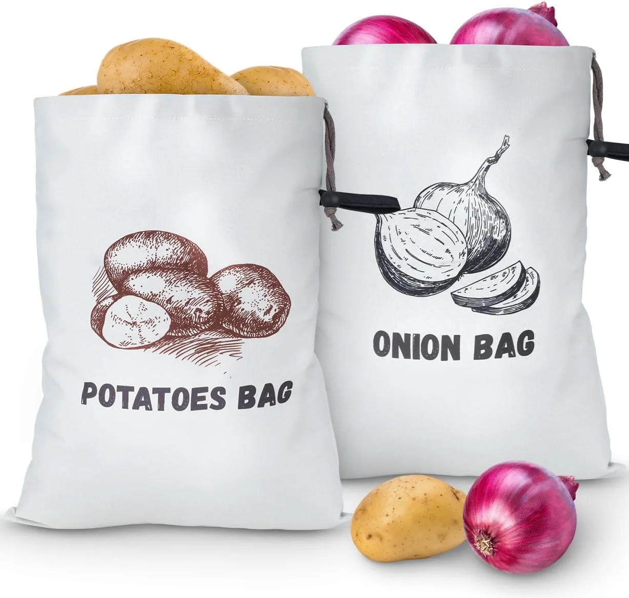 کیسه نگهداری سیب زمینی و پیاز ارتقا یافته - نگهدارنده پارچه ای قابل شستشو با بند کشی برای سیر، سیب زمینی، پیاز - ایده آل برای سازماندهی انبار، بسته 2 عددی (کیسه های نگهداری سیب زمینی و پیاز)