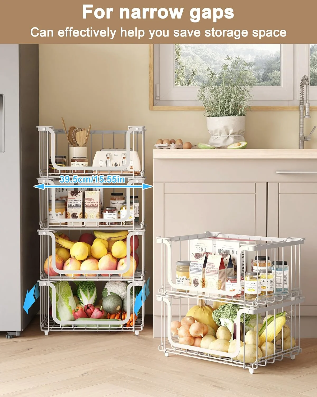 سبد میوه سیمی قابل انباشت UMDONX برای آشپزخانه، بسته 4 عددی مشکی - سطل های ذخیره سازی سبزیجات، سیب زمینی، پیاز برای انبار، سازمان دهنده محصولات روی میز