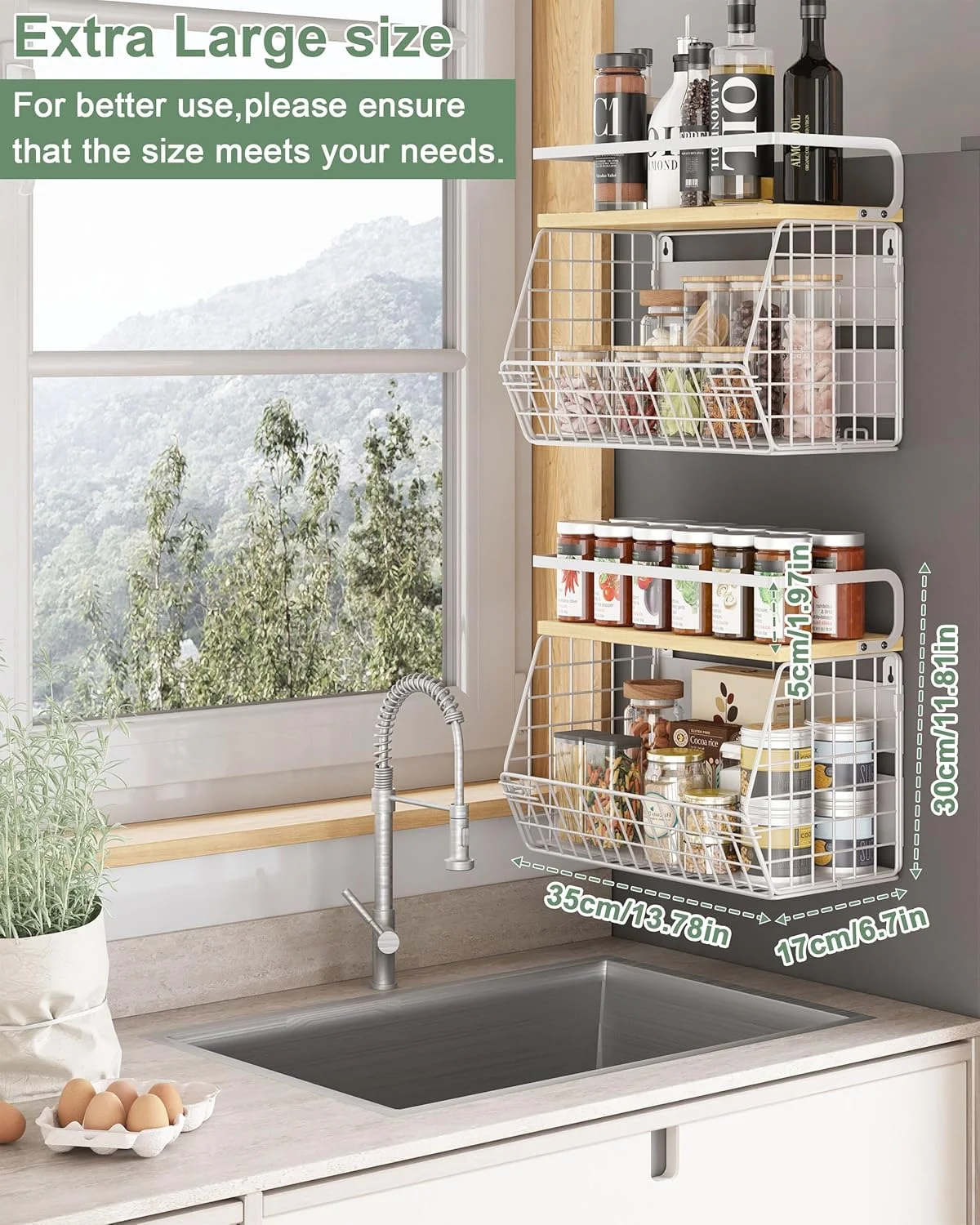 بسته 2 عددی سبد میوه مغناطیسی UMDONX، قفسه ذخیره سازی سبزیجات آشپزخانه، قفسه آویز بزرگ یخچال برای ادویه جات ترشی جات، پیاز و سیب زمینی - 2 طبقه فلزی بادوام با رویه چوبی سفید