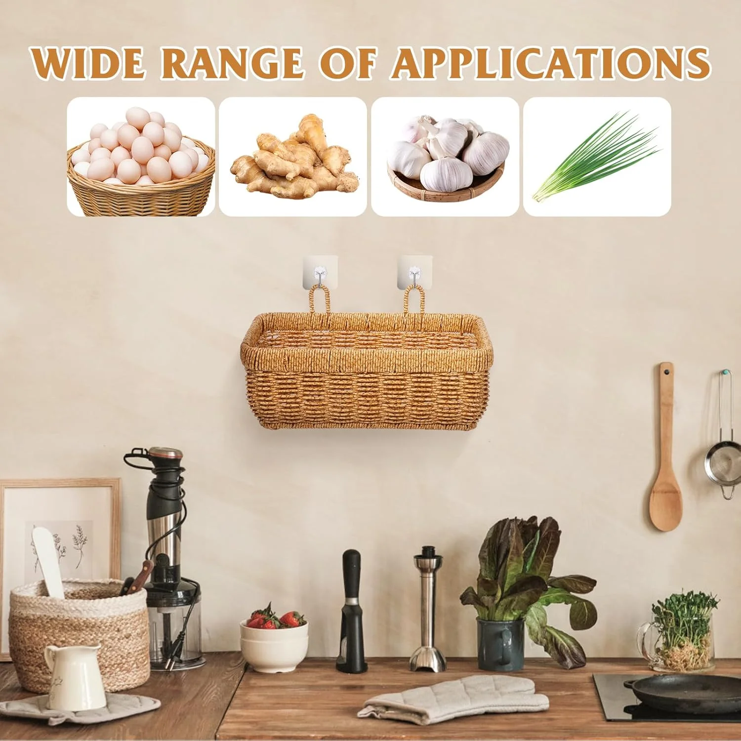 سبد آویز حصیری UPKOCH، سبدهای دیواری بافته شده با قلاب های چسبی، سطل ذخیره سازی میوه و سبزیجات دیواری برای سیب زمینی، پیاز، زنجبیل، ظروف و گل