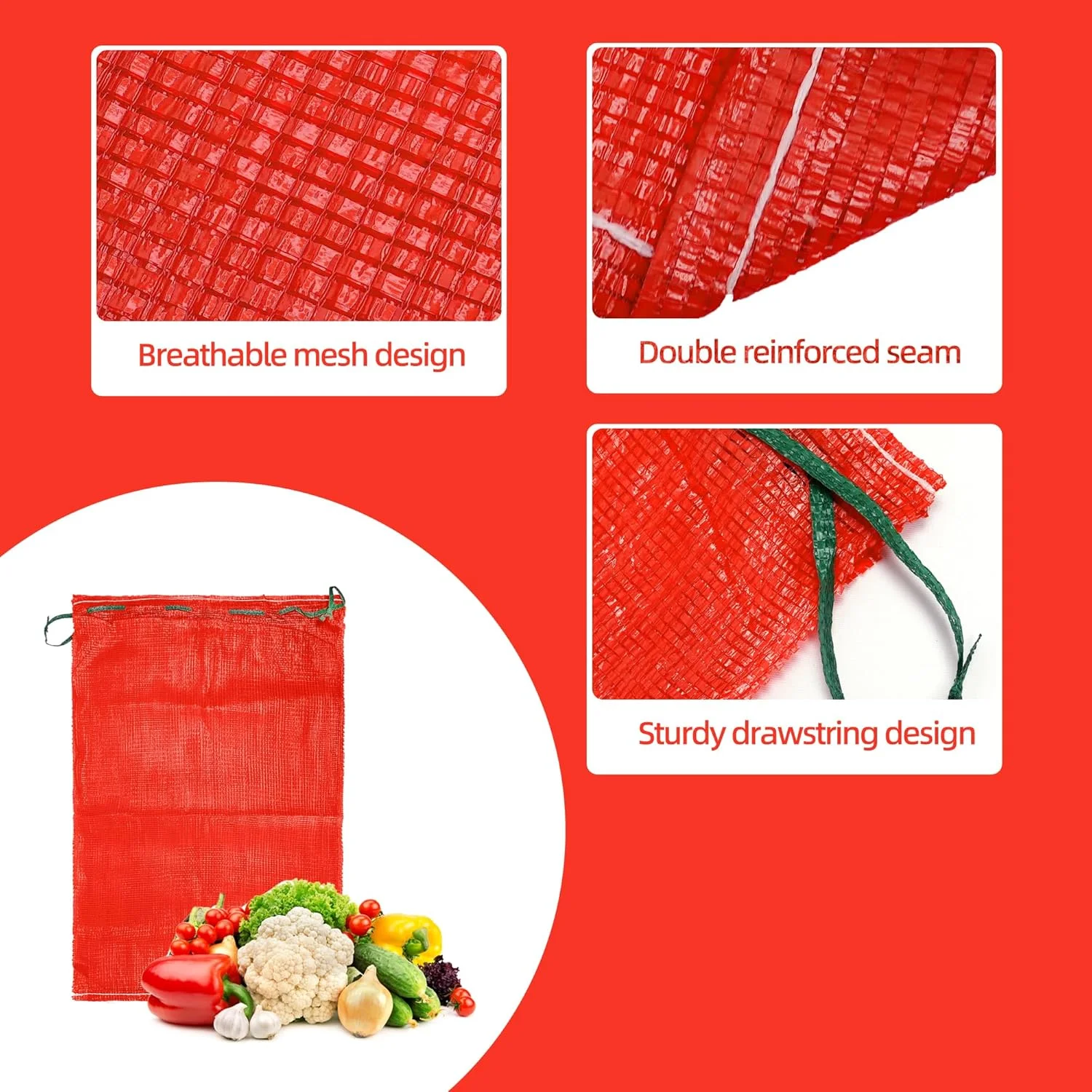 یوکندی 10 عدد کیسه پیاز توری 60x90 سانتی‌متری، کیسه‌های نگهداری سبزیجات قابل استفاده مجدد و تنفس‌پذیر با بند کشی برای نگهداری سیب زمینی، پیاز، مرکبات و محصولات باغی (10 عدد، 60x90 سانتی‌متر)
