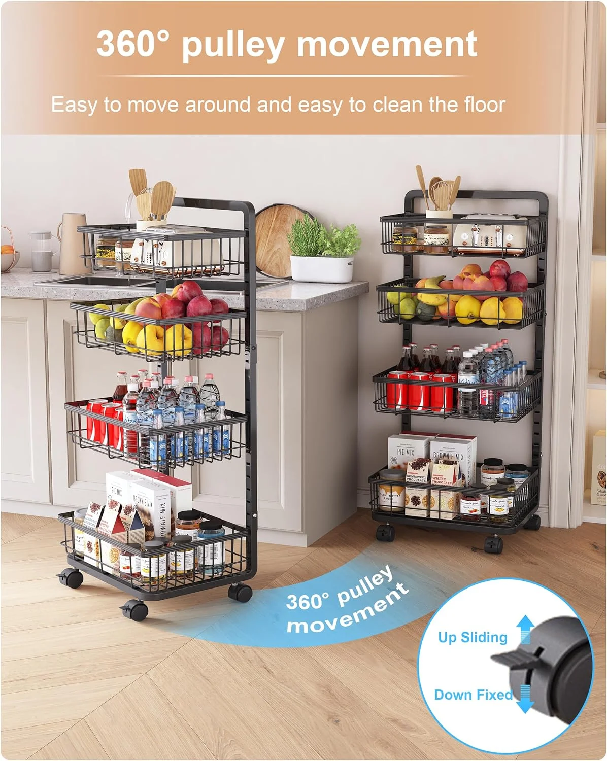 چرخ دستی آشپزخانه 4 طبقه UMDONX، چرخ دستی فلزی تنقلات، سبد میوه قابل تنظیم روی چرخ، سبدهای ایستاده برای سیب زمینی، پیاز، محصولات، مشکی