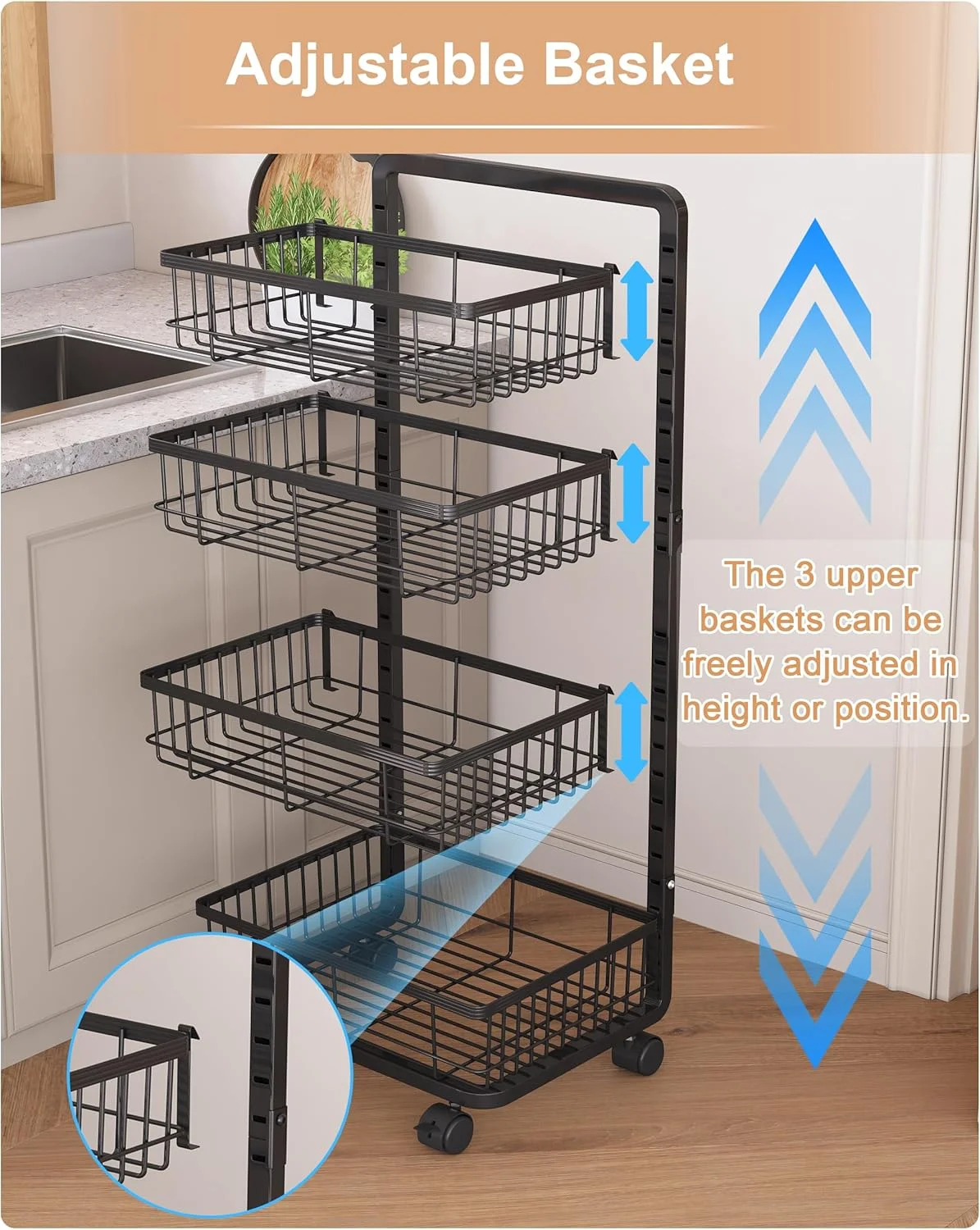 چرخ دستی آشپزخانه 4 طبقه UMDONX، چرخ دستی فلزی تنقلات، سبد میوه قابل تنظیم روی چرخ، سبدهای ایستاده برای سیب زمینی، پیاز، محصولات، مشکی