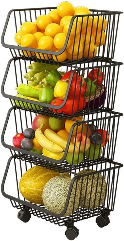 سبد های چرخدار و قابل انباشت یو-هوم، سبد نظم دهنده سیمی 4 طبقه با چرخ های قفل دار برای آشپزخانه، انبار، حمام، گاراژ، مشکی