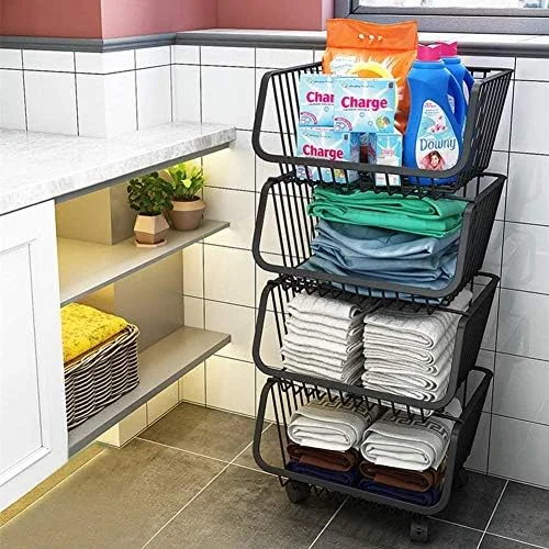 سبد های چرخدار و قابل انباشت یو-هوم، سبد نظم دهنده سیمی 4 طبقه با چرخ های قفل دار برای آشپزخانه، انبار، حمام، گاراژ، مشکی