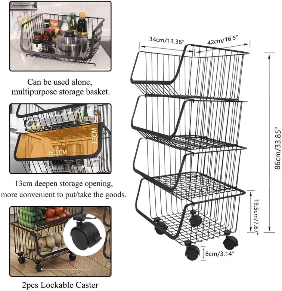 سبد های چرخدار و قابل انباشت یو-هوم، سبد نظم دهنده سیمی 4 طبقه با چرخ های قفل دار برای آشپزخانه، انبار، حمام، گاراژ، مشکی