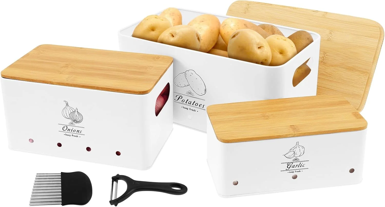 ست 3 تکه ظروف فلزی ذخیره سازی سبزیجات TKSDWBLTY، مناسب برای پیاز، سیر و سیب زمینی، با قابلیت تهویه و شستشوی آسان، ایده آل برای استفاده در منزل