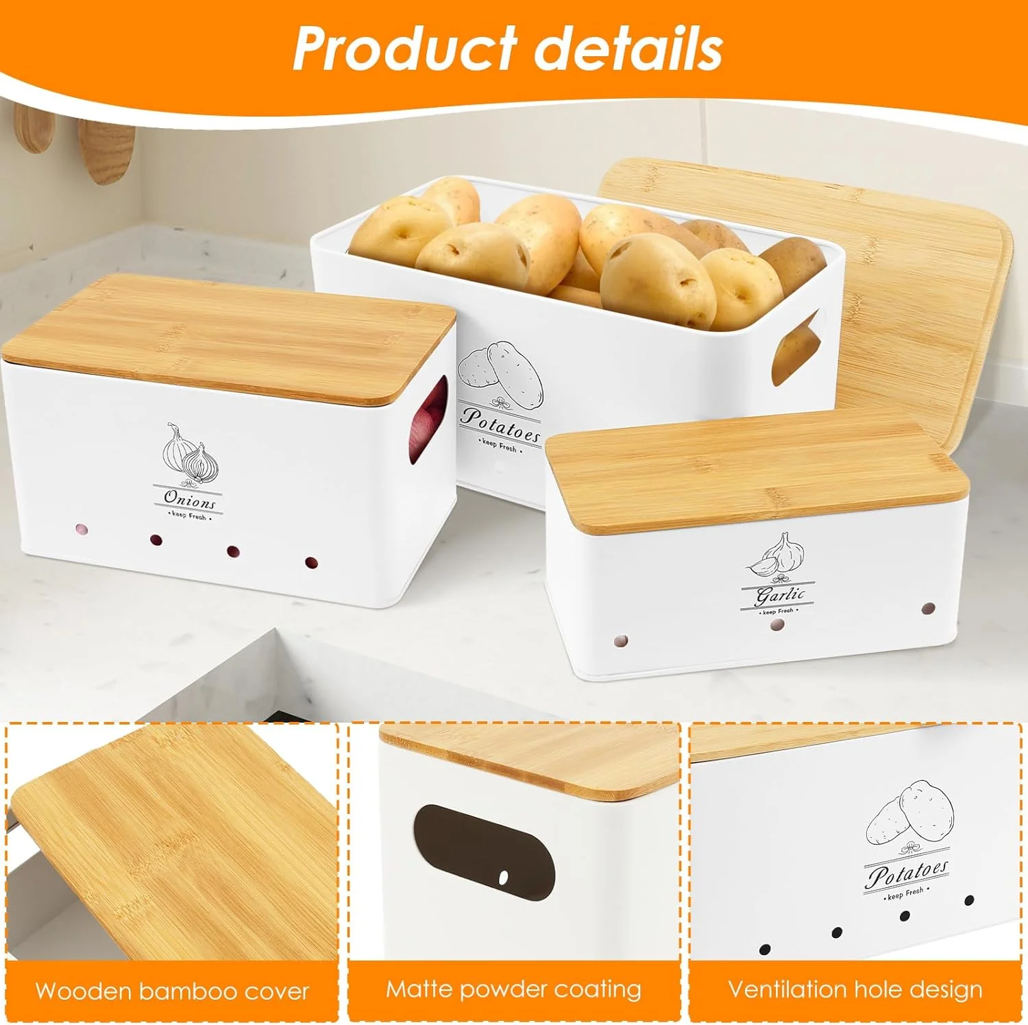 ست 3 تکه ظروف فلزی ذخیره سازی سبزیجات TKSDWBLTY، مناسب برای پیاز، سیر و سیب زمینی، با قابلیت تهویه و شستشوی آسان، ایده آل برای استفاده در منزل