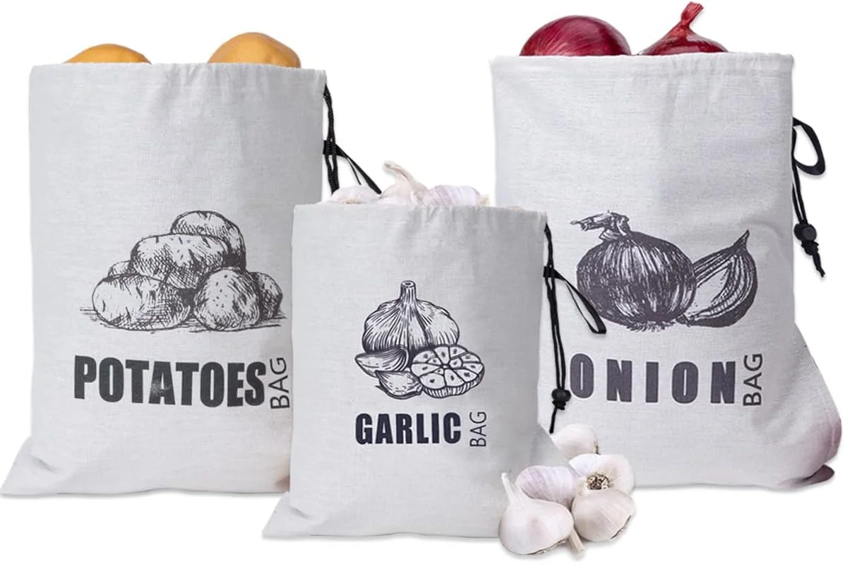 کیسه نگهداری سیب زمینی، پیاز و سیر TOGETRUE، کیسه پارچه ای نگهداری پیاز و سیب زمینی، کیسه نگهداری سیر، سیب زمینی و پیاز قابل شستشو با بند کشی، بسته 3 عددی (کیسه سیب زمینی پیاز سیر)