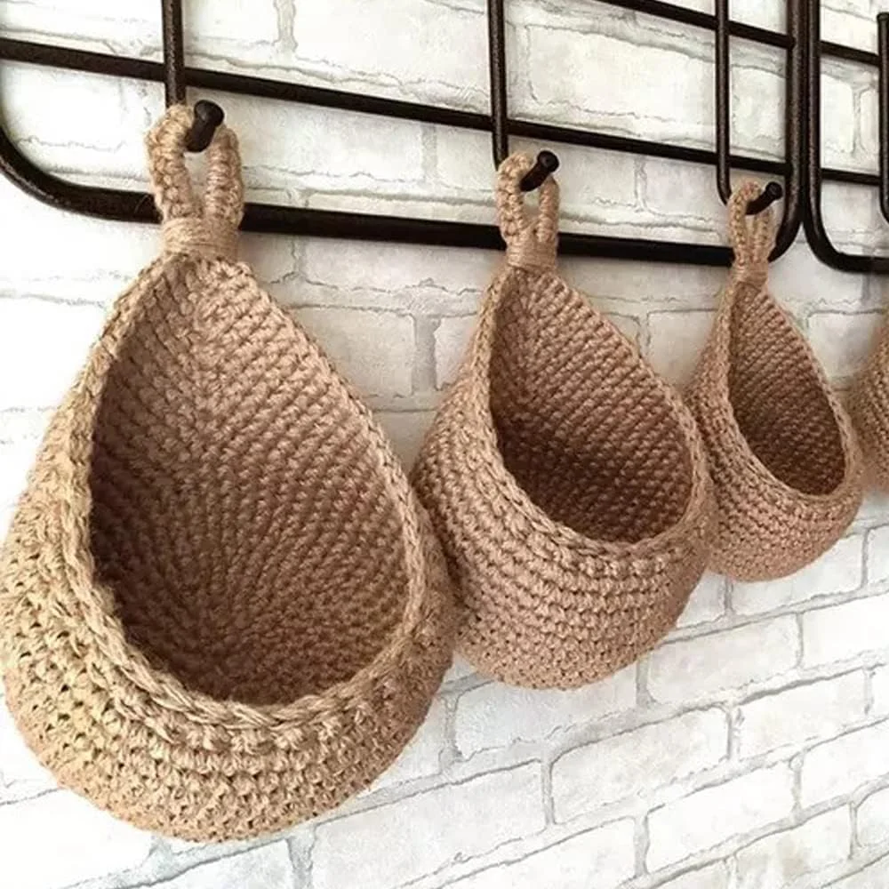 TARZ Wall Hanging Basket | Jute Onion Basket Hanging for Pantry | Teardrop Potato Garlic Onion Storage | Bohemian Handwoven Wall Mount Fruit or Veggie Basket Decoration | 3 Pcs of Baskets