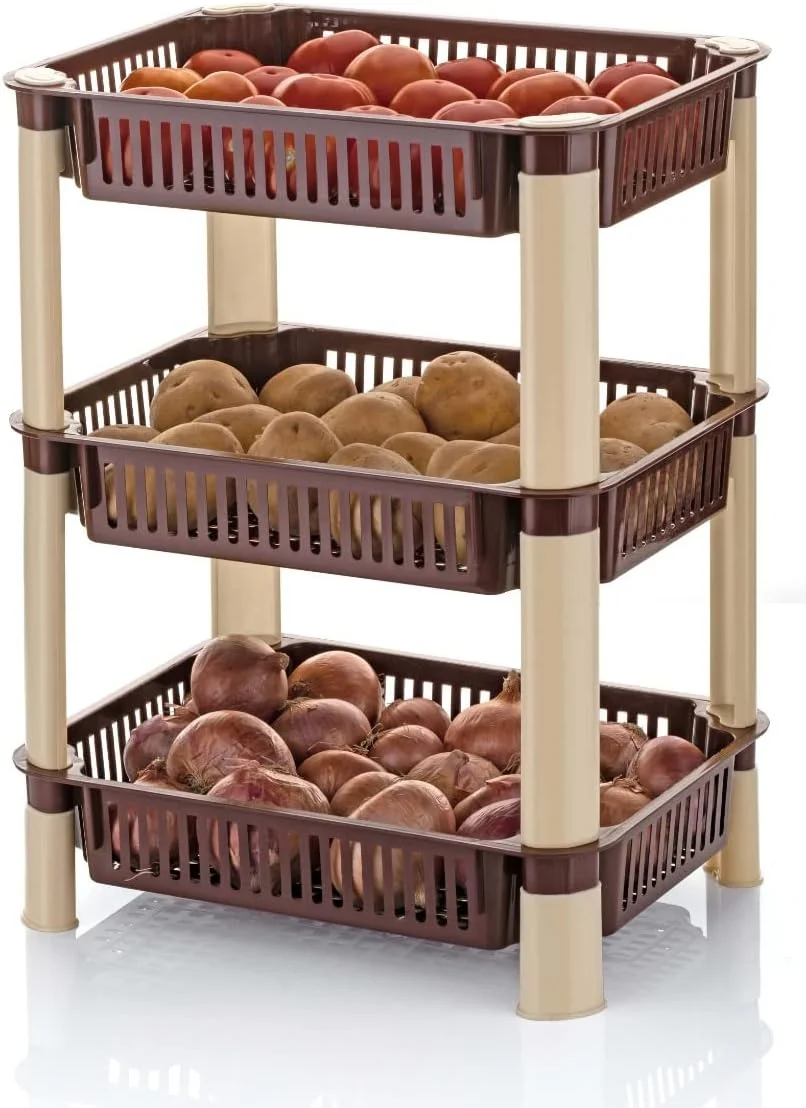 THEODORE Plastic Vegetable Trolley Rack for Kitchen Storage Vegetable Organizer, Vegetable Stand for Kitchen Basket, Storage Racks for Office (3 Layer, Brown), 27 x 12 x 37 Centimeters