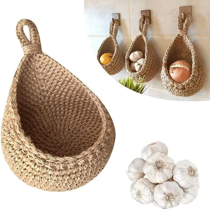 TARZ Wall Hanging Basket | Jute Onion Basket Hanging for Pantry | Teardrop Potato Garlic Onion Storage | Bohemian Handwoven Wall Mount Fruit or Veggie Basket Decoration | 3 Pcs of Baskets