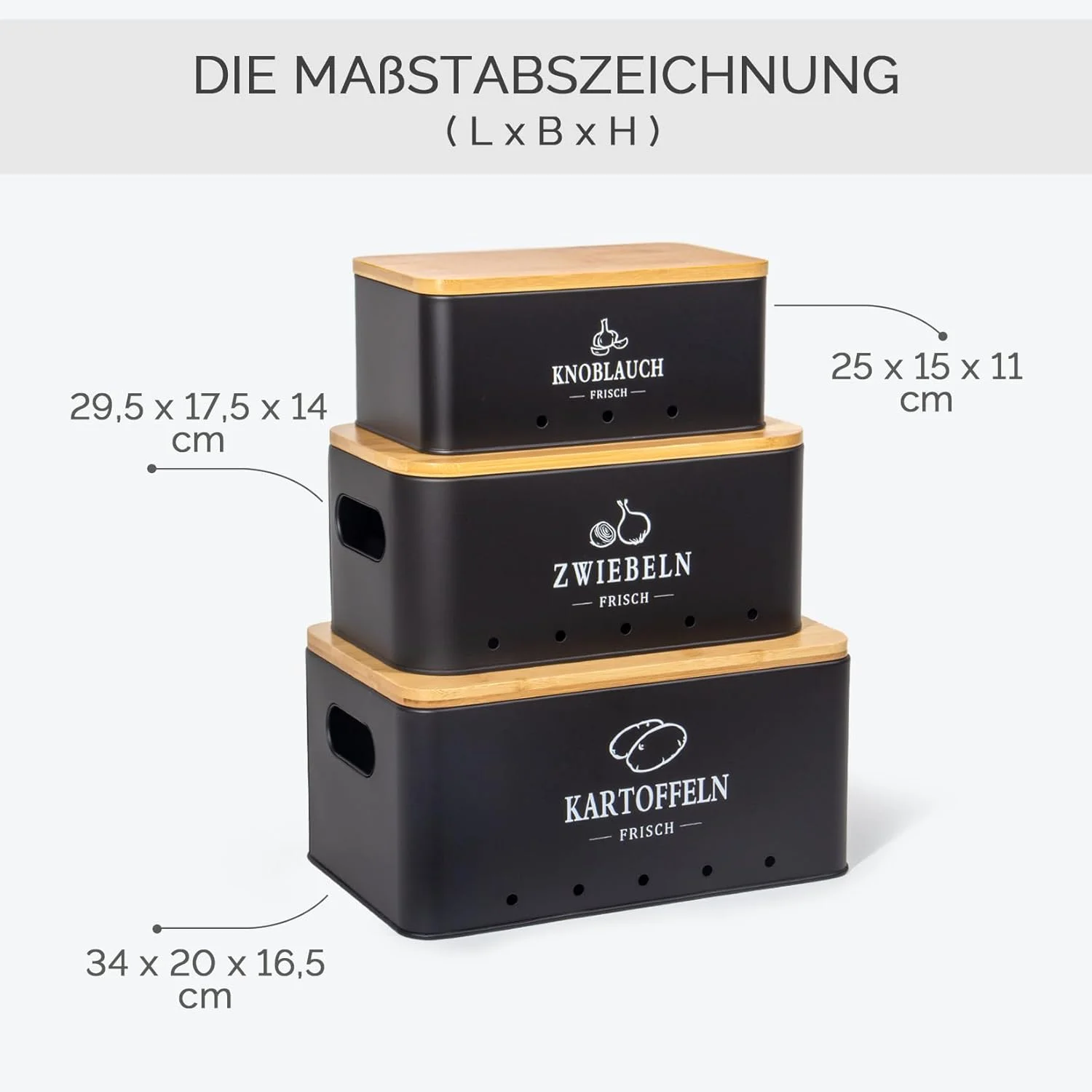 جعبه نگهداری سیب زمینی Theo&Cleo، ست 3 عددی، نگهداری سیب زمینی، پیاز و سیر در آشپزخانه، تازه نگه می دارد (مشکی مات)