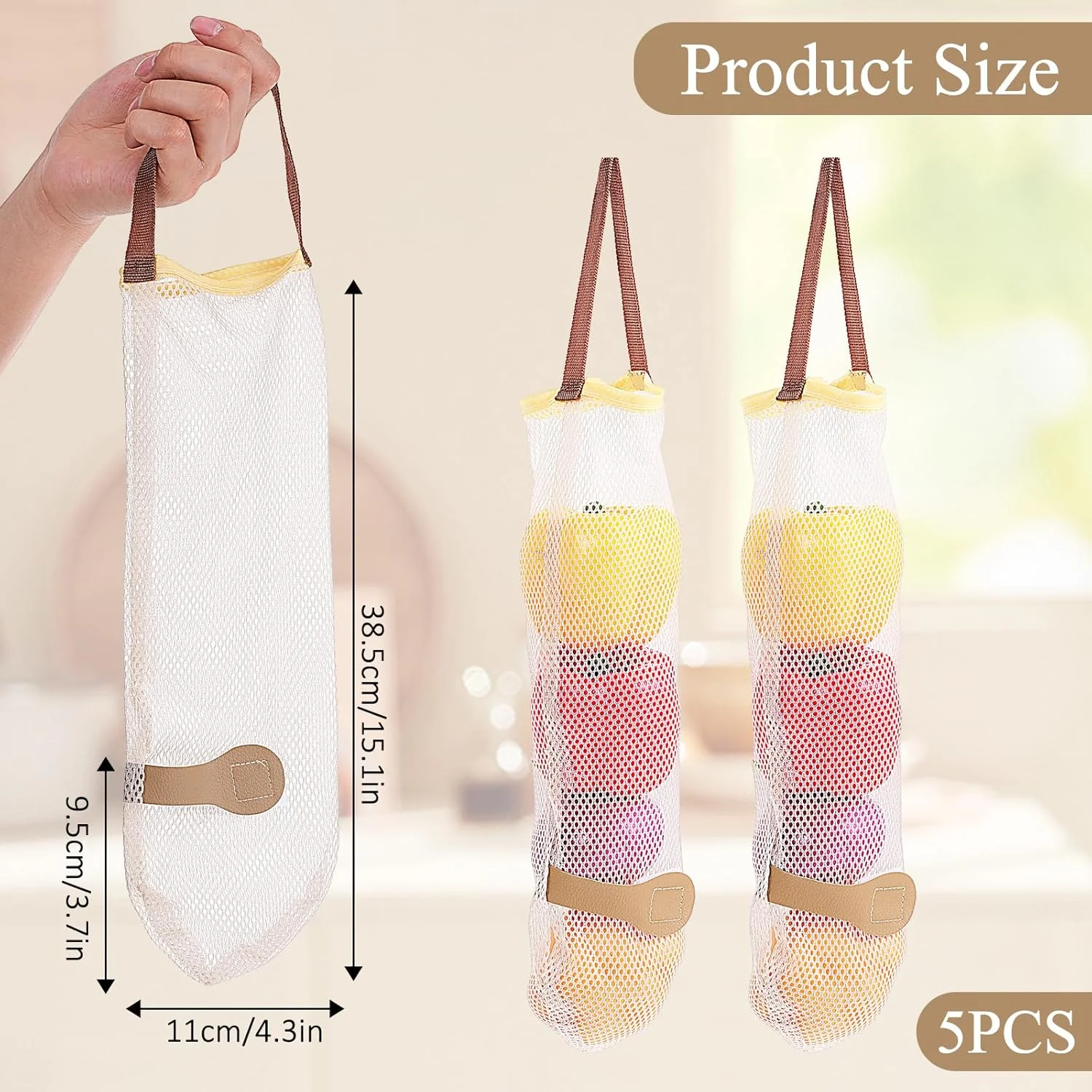 SynHHergyx بسته 5 عددی کیسه های توری آویز برای نگهداری سیب زمینی، پیاز و سیر، طول 21 اینچ، کیسه های توری قابل استفاده مجدد برای میوه و سبزیجات