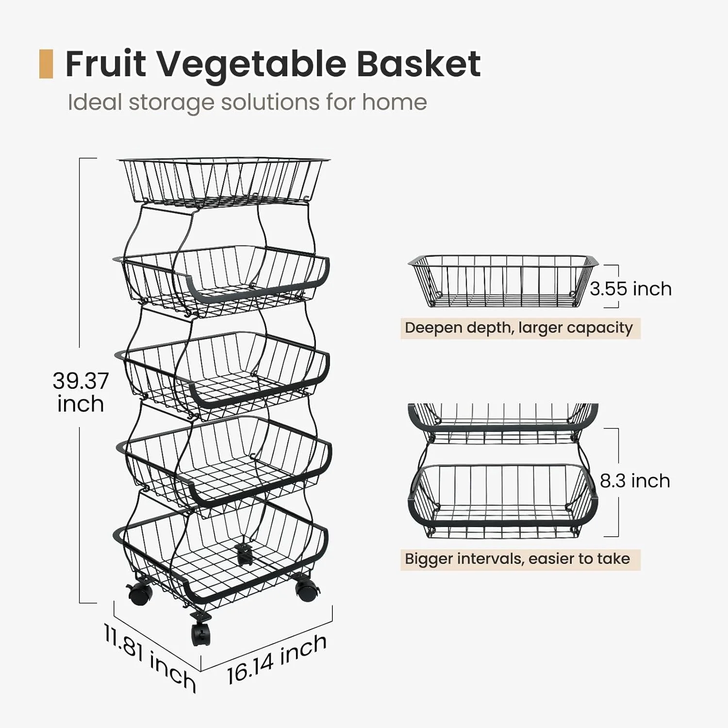 سبد ذخیره سازی میوه و سبزیجات چرخ دار SwaaVee، 5 طبقه فلزی قابل انباشت برای سیب زمینی و پیاز، سبد میوه چرخشی طبقه ای برای روی میز، آشپزخانه، انبار، زیرزمین