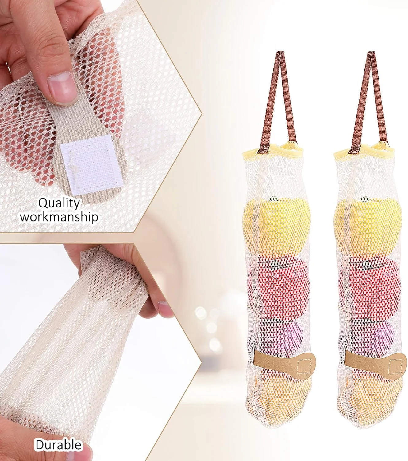 SynHHergyx بسته 5 عددی کیسه های توری آویز برای نگهداری سیب زمینی، پیاز و سیر، طول 21 اینچ، کیسه های توری قابل استفاده مجدد برای میوه و سبزیجات