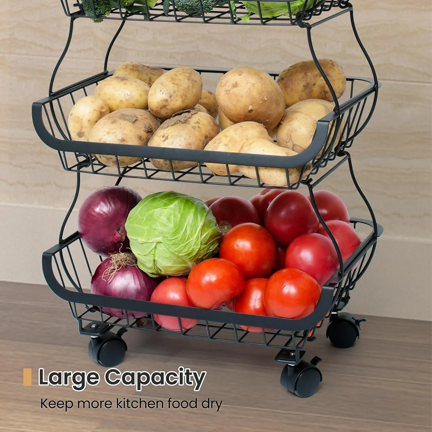 سبد ذخیره سازی میوه و سبزیجات چرخ دار SwaaVee، 5 طبقه فلزی قابل انباشت برای سیب زمینی و پیاز، سبد میوه چرخشی طبقه ای برای روی میز، آشپزخانه، انبار، زیرزمین