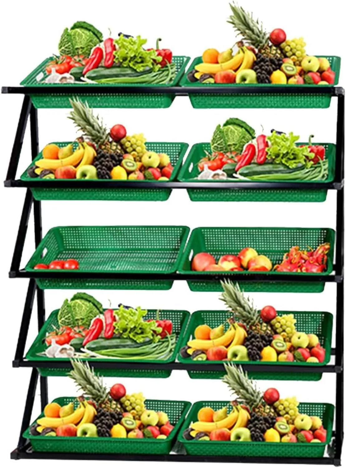 استند نمایش تنقلات 5 طبقه، قفسه بزرگ سیب زمینی و پیاز آشپزخانه با سبدهای سبز و قهوه ای، مناسب برای نگهداری میوه و سبزیجات در فروشگاه های خرده فروشی و منزل، سبز