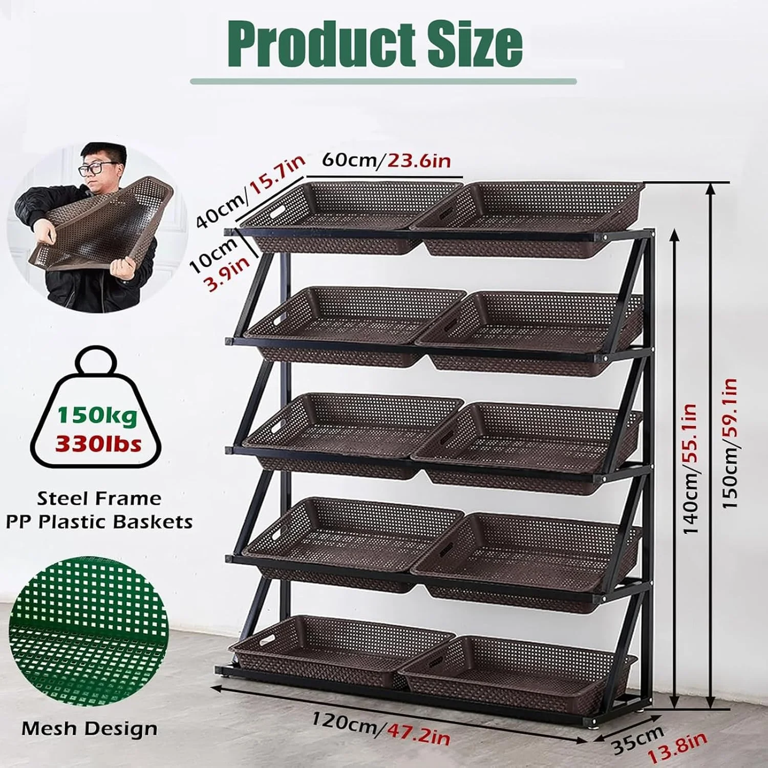 استند نمایش تنقلات 5 طبقه، قفسه بزرگ سیب زمینی و پیاز آشپزخانه با سبدهای سبز و قهوه ای، مناسب برای نگهداری میوه و سبزیجات در فروشگاه های خرده فروشی و منزل، سبز