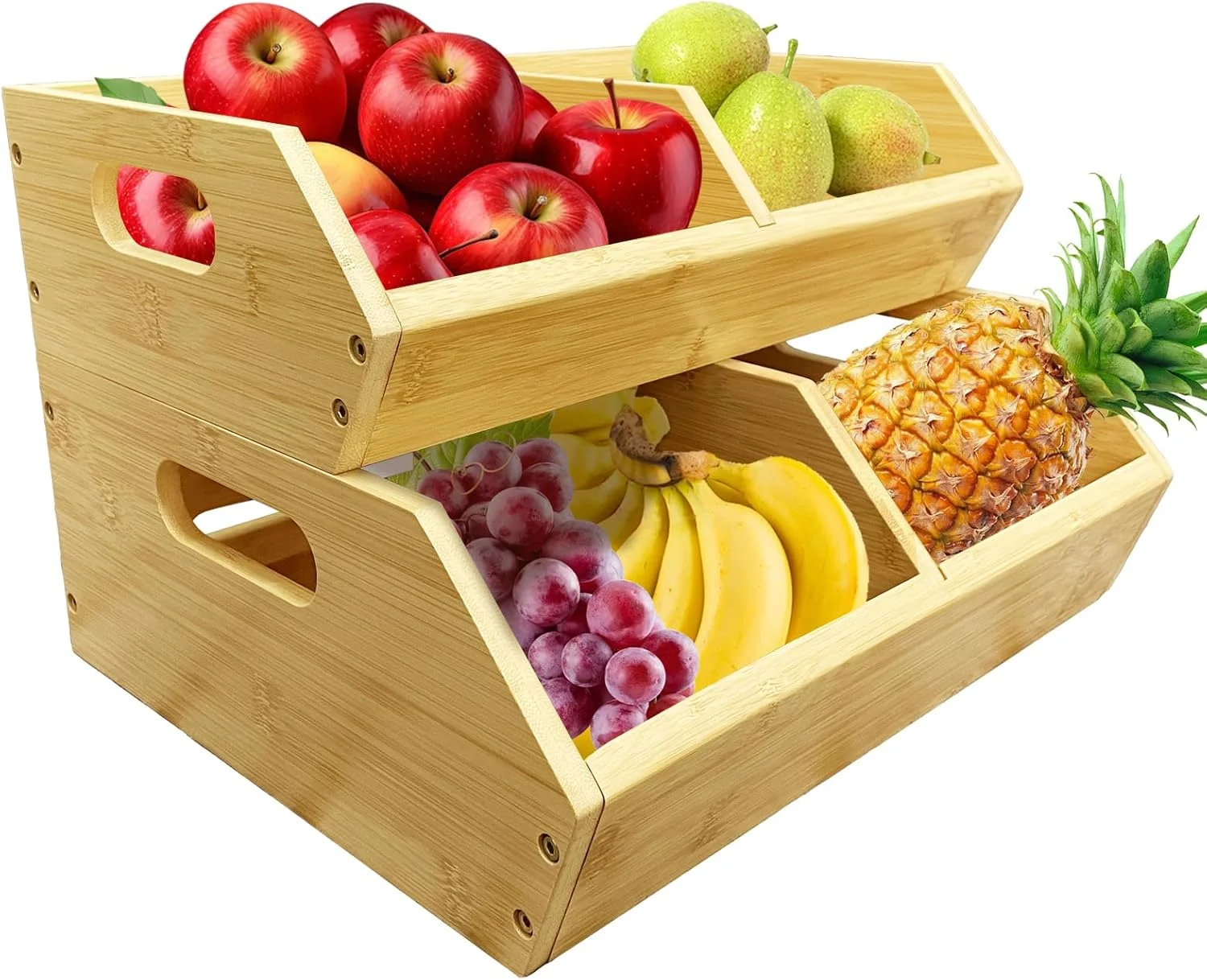 ست 2 عددی سبد ذخیره سازی سبزیجات قابل انباشت، سبدهای بامبو برای سازماندهی آشپزخانه و انبار، برای سیب زمینی، پیاز، میوه ها و تنقلات