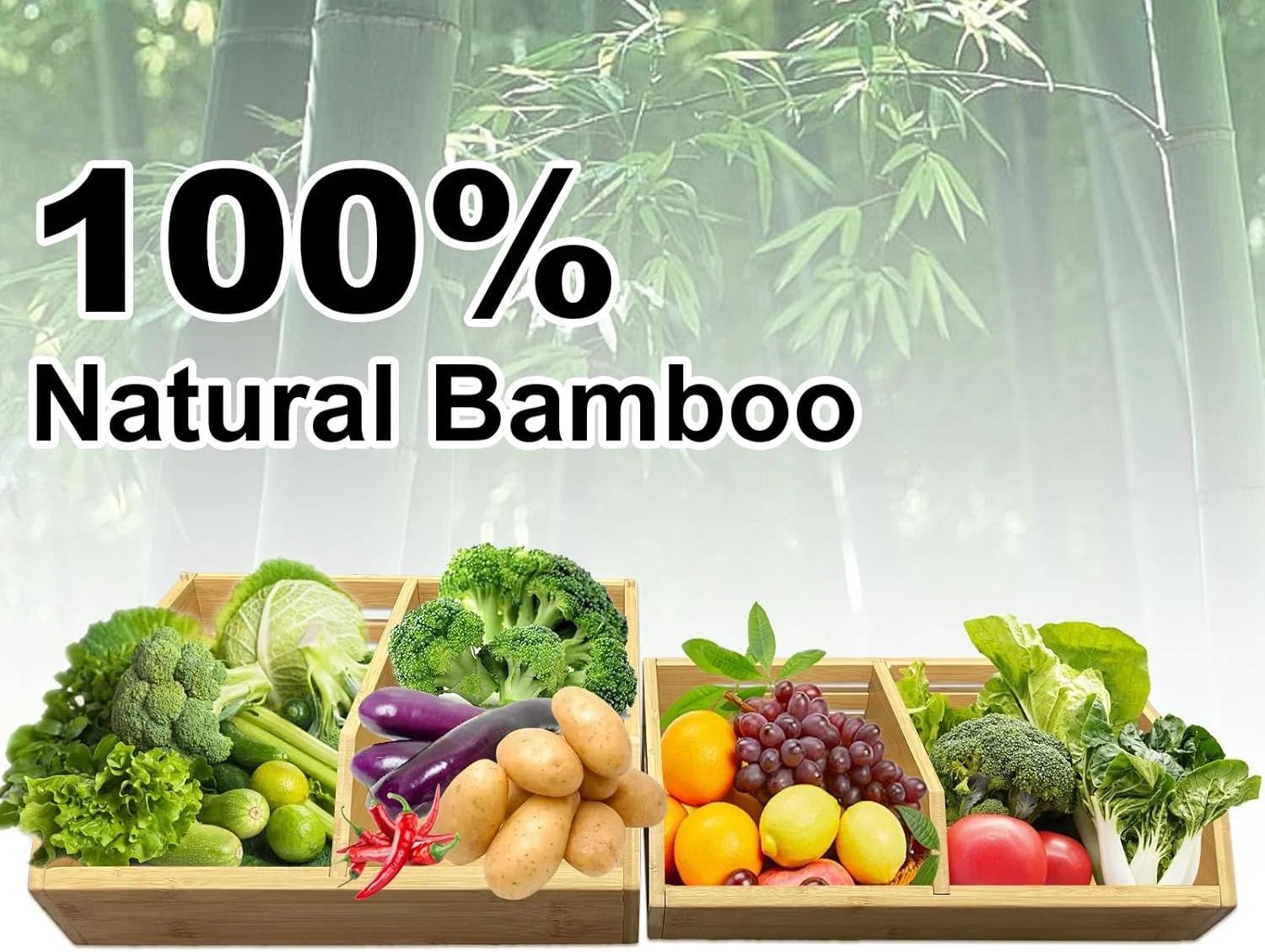 ست 2 عددی سبد ذخیره سازی سبزیجات قابل انباشت، سبدهای بامبو برای سازماندهی آشپزخانه و انبار، برای سیب زمینی، پیاز، میوه ها و تنقلات