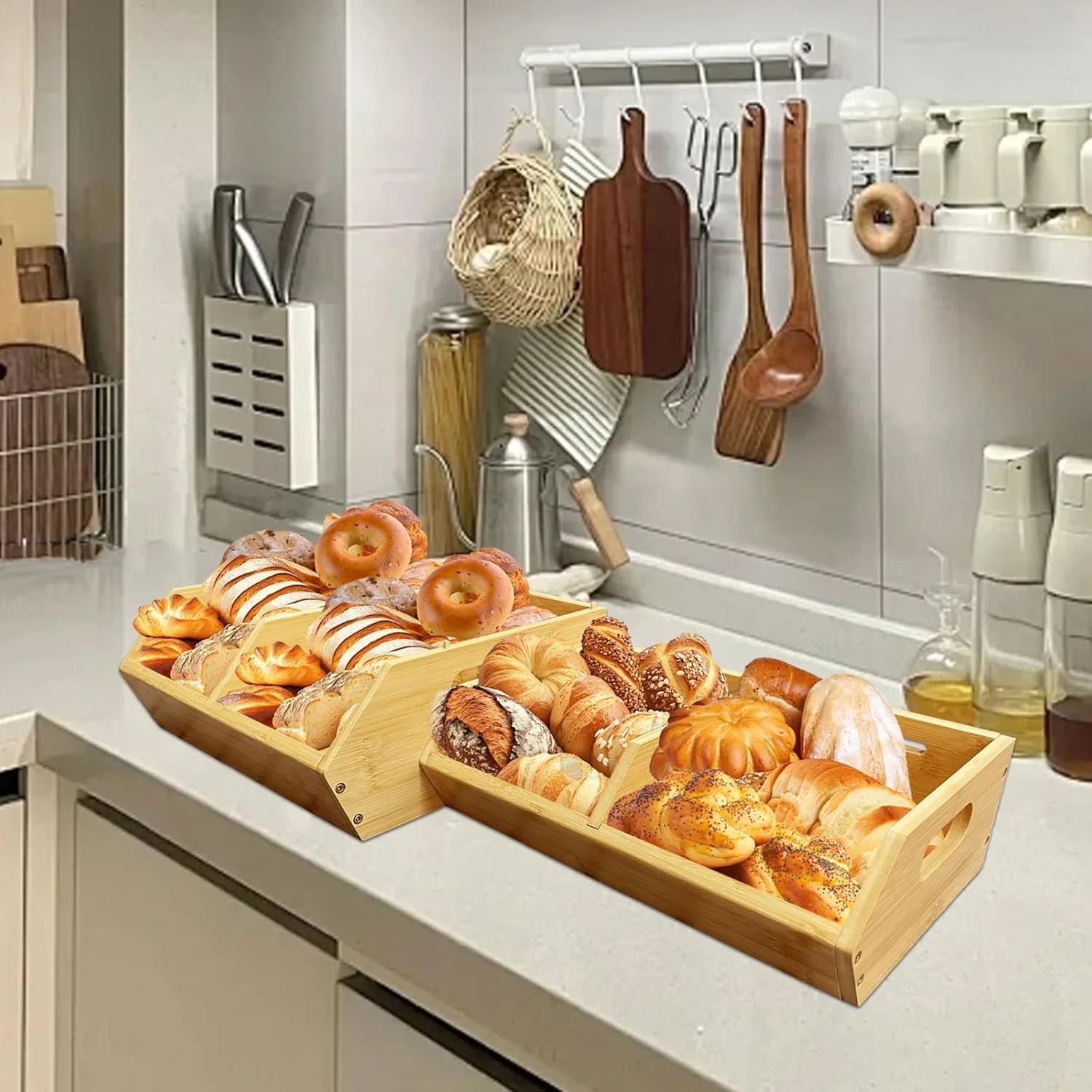 ست 2 عددی سبد ذخیره سازی سبزیجات قابل انباشت، سبدهای بامبو برای سازماندهی آشپزخانه و انبار، برای سیب زمینی، پیاز، میوه ها و تنقلات