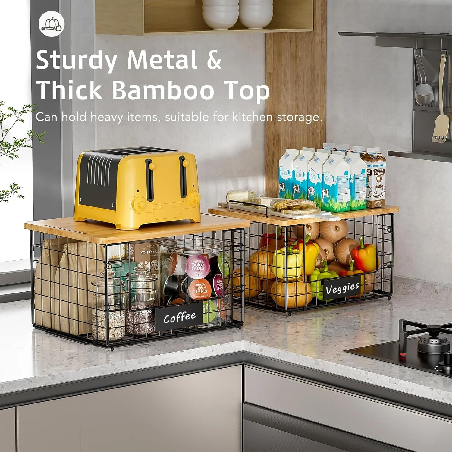 بسته 2 عددی سبد سیمی قابل انباشت با رویه بامبو برای سازماندهی و نگهداری مواد غذایی، سبد بزرگ XXL برای سازماندهی آشپزخانه، مناسب برای نگهداری میوه، سبزیجات، محصولات کشاورزی، نان، سیب زمینی و پیاز