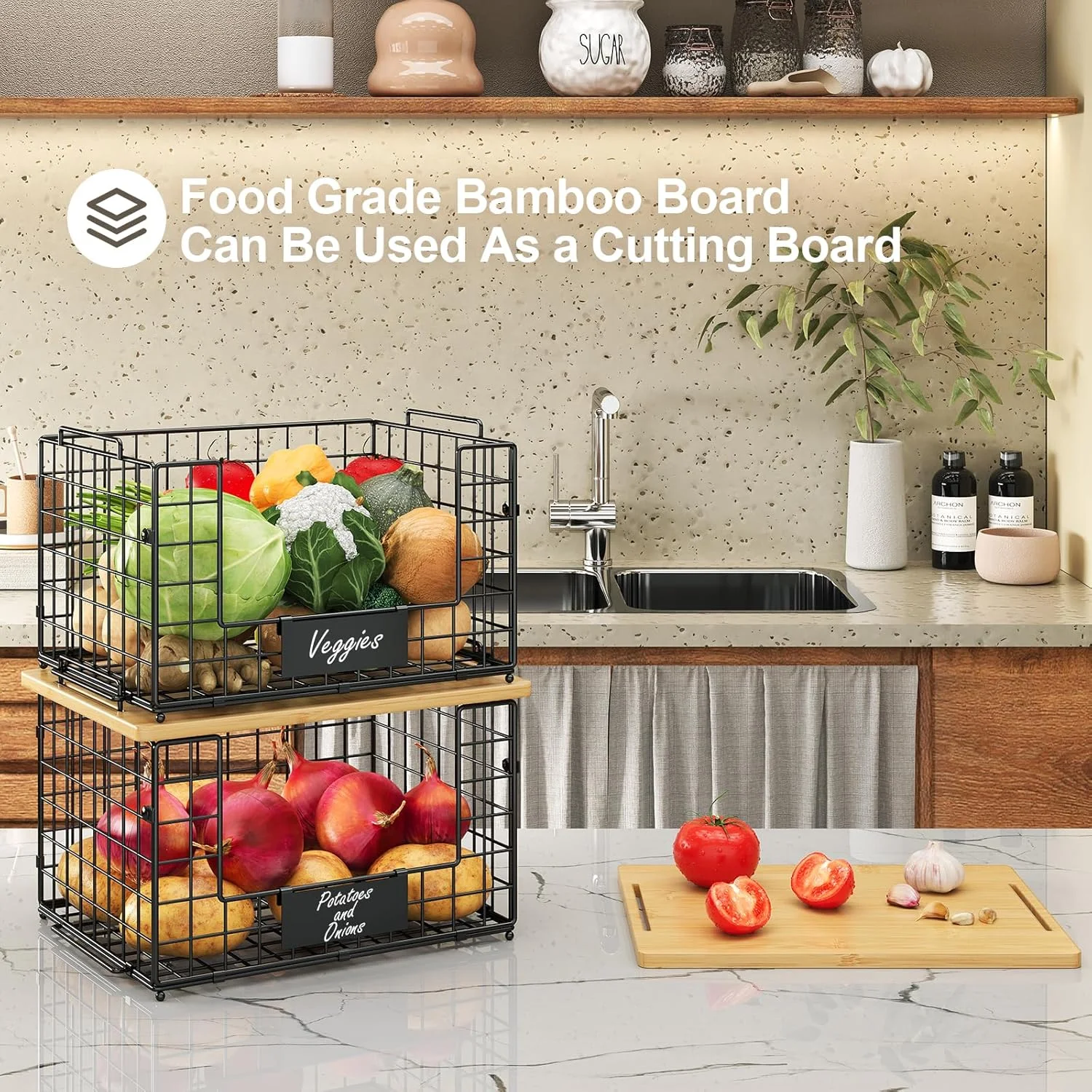 بسته 2 عددی سبد سیمی قابل انباشت با رویه بامبو برای سازماندهی و نگهداری مواد غذایی، سبد بزرگ XXL برای سازماندهی آشپزخانه، مناسب برای نگهداری میوه، سبزیجات، محصولات کشاورزی، نان، سیب زمینی و پیاز