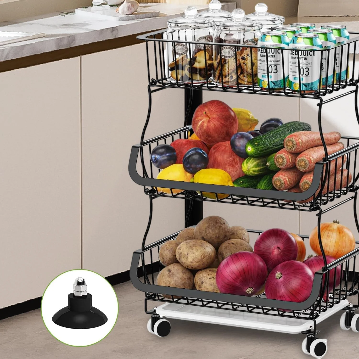ارگانایزر و سبد ذخیره سازی 3 طبقه چرخ دار SPNOR، سبدهای سیمی قابل انباشت برای قفسه های انبار، استند سبد میوه آشپزخانه و قفسه ذخیره سازی برای میوه، اسنک، پیاز و سیب زمینی