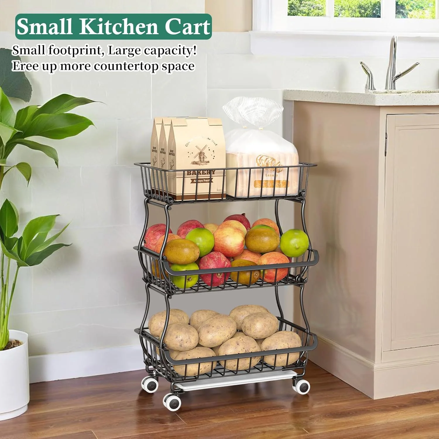 ارگانایزر و سبد ذخیره سازی 3 طبقه چرخ دار SPNOR، سبدهای سیمی قابل انباشت برای قفسه های انبار، استند سبد میوه آشپزخانه و قفسه ذخیره سازی برای میوه، اسنک، پیاز و سیب زمینی