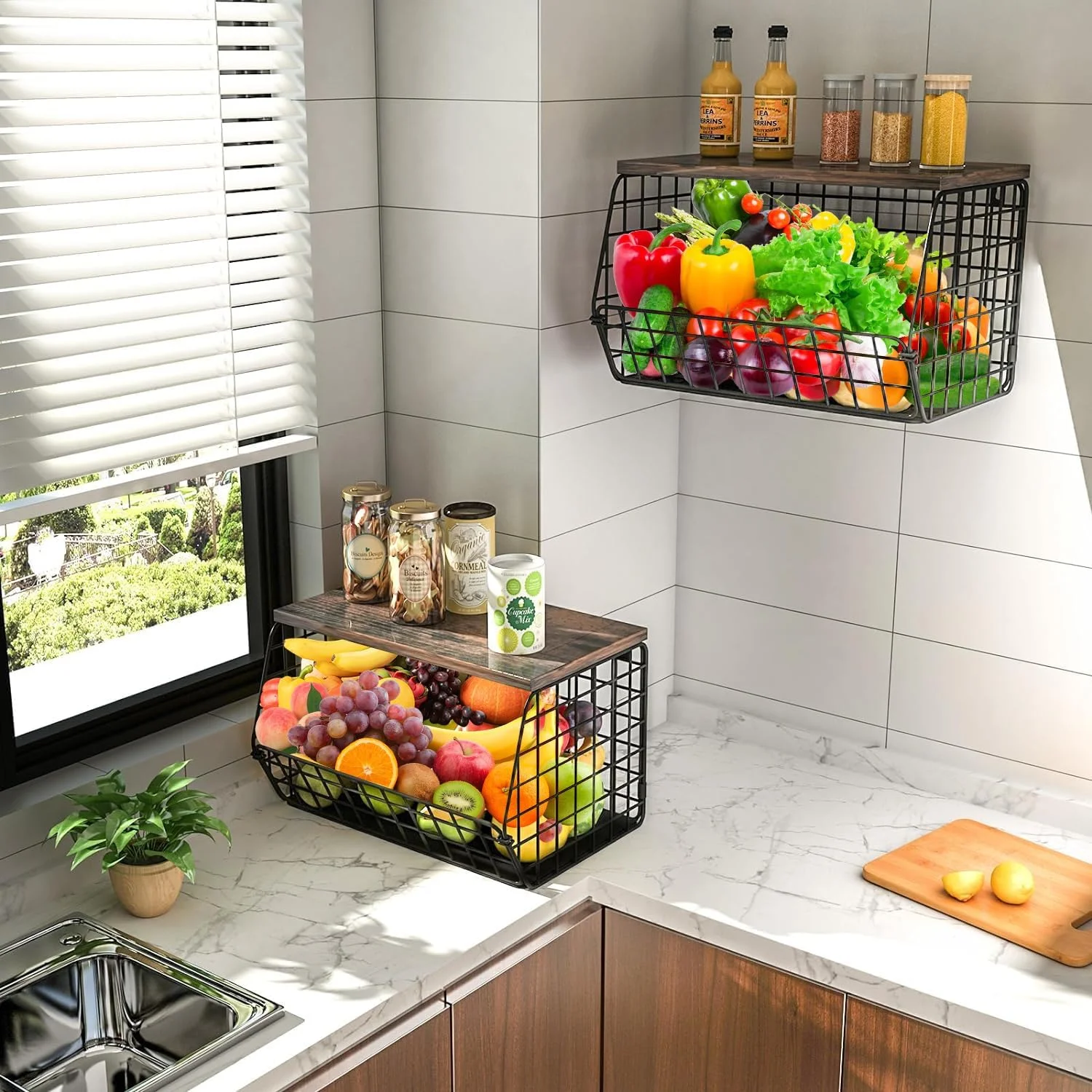 سبد میوه SPNOR، سبدهای سیمی ذخیره سازی پیاز با درب چوبی، 2 عدد سبد قابل انباشت، قابل نصب روی دیوار، سازمان دهنده رومیزی آشپزخانه برای نگهداری تنقلات، میوه و سبزیجات