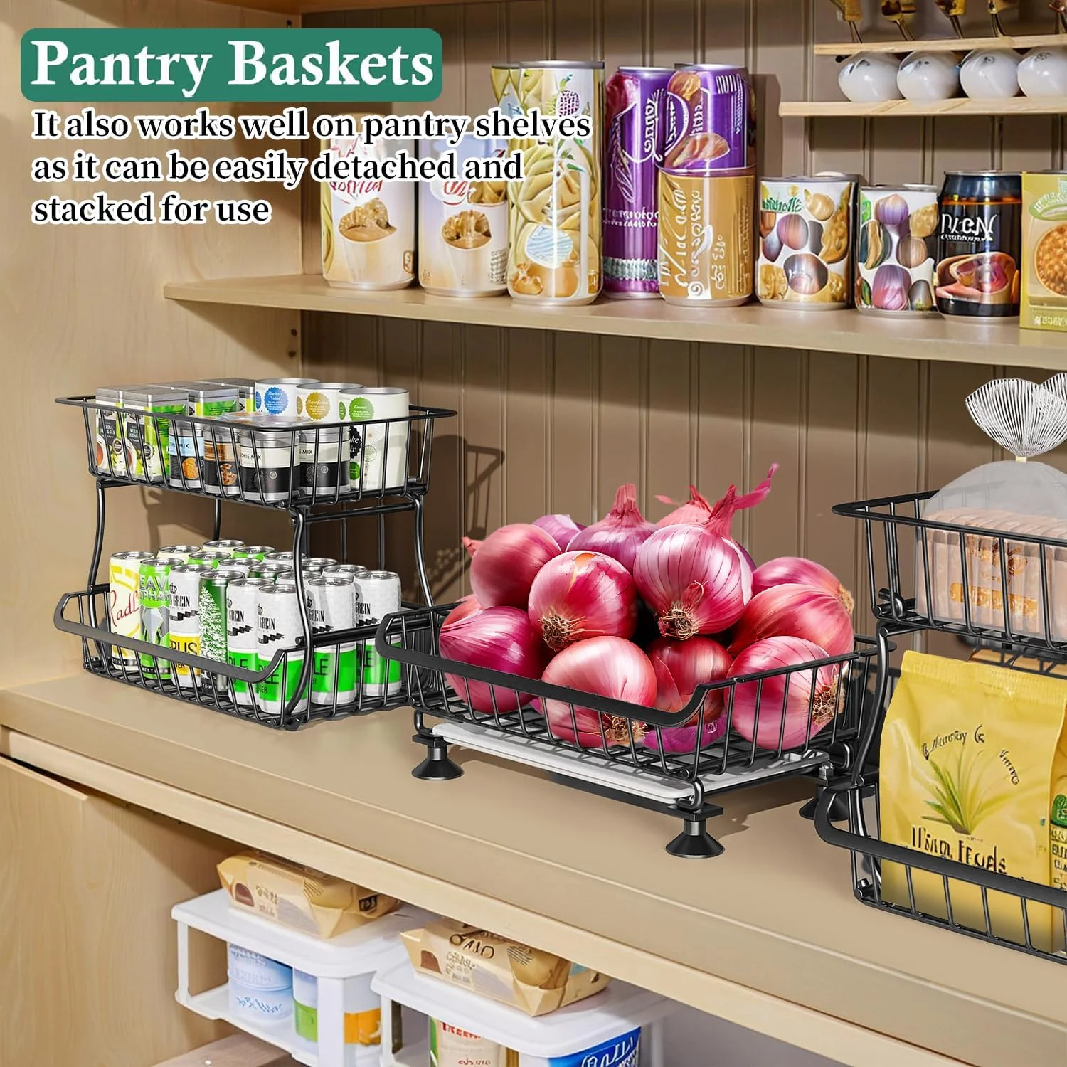 ارگانایزر و سبد ذخیره سازی 3 طبقه چرخ دار SPNOR، سبدهای سیمی قابل انباشت برای قفسه های انبار، استند سبد میوه آشپزخانه و قفسه ذخیره سازی برای میوه، اسنک، پیاز و سیب زمینی