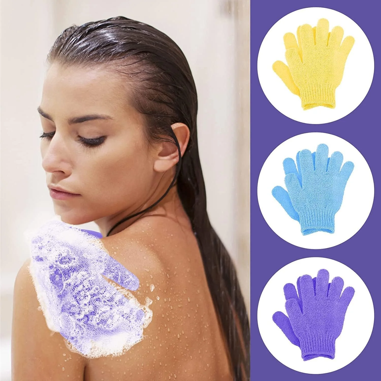 3 جفت دستکش حمام برای دوش، دستکش لوفا لایه بردار طبیعی، دستکش بدن دوش میکروفیبر دو طرفه، برای بدن و صورت، از بین برنده پوست مرده، برای بزرگسالان و کودکان، زرد آبی بنفش