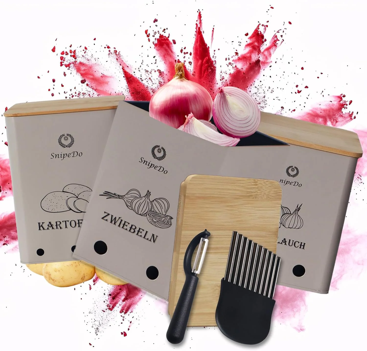 ست جعبه نگهداری سیب زمینی SnipeDo - ست 3 تایی جعبه سیب زمینی، نگهداری پیاز، ظرف سیر - جعبه فلزی سبزیجات به همراه برش دهنده و پوست کن سیب زمینی - ظرف سیب زمینی و پیاز (بژ-1)