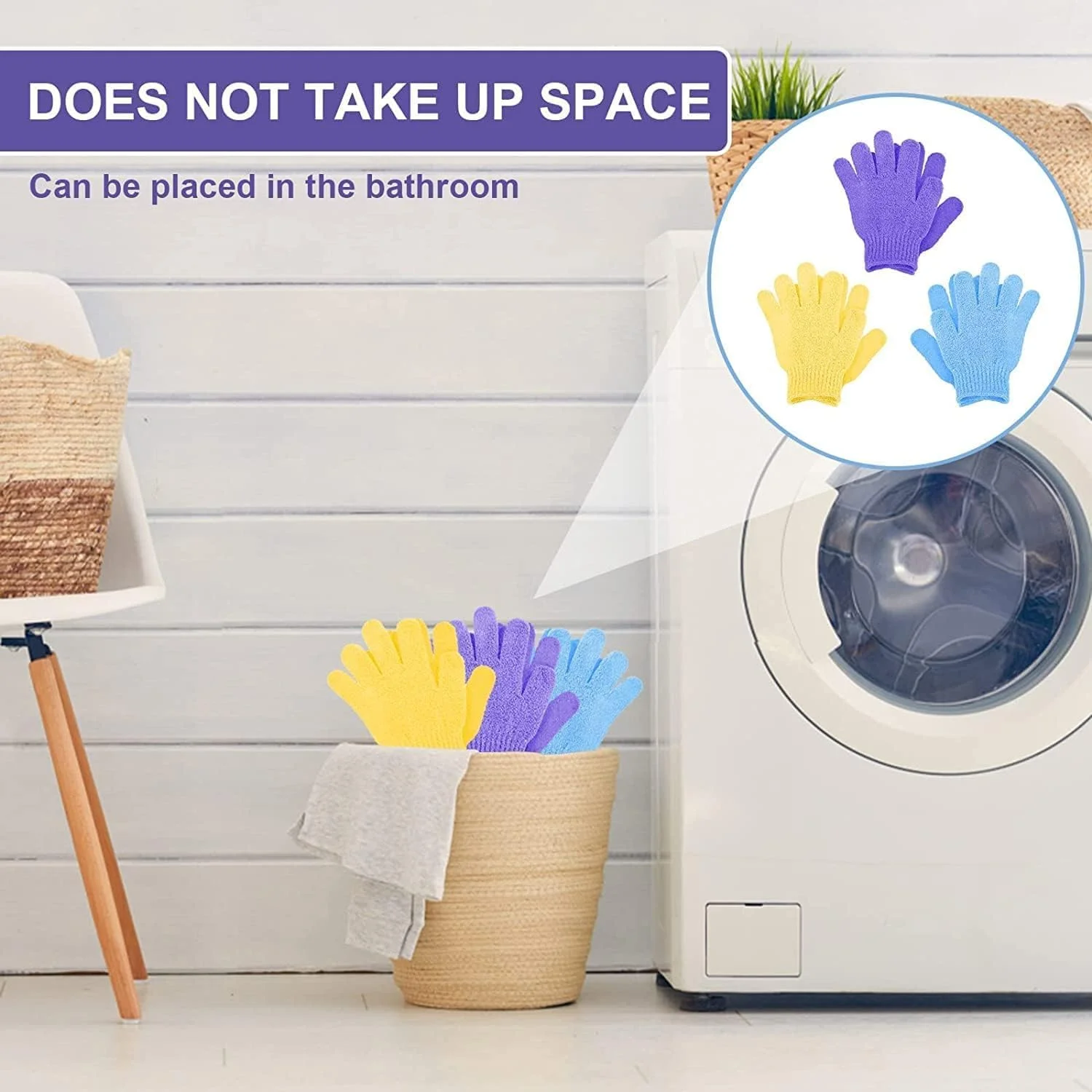 3 جفت دستکش حمام برای دوش، دستکش لوفا لایه بردار طبیعی، دستکش بدن دوش میکروفیبر دو طرفه، برای بدن و صورت، از بین برنده پوست مرده، برای بزرگسالان و کودکان، زرد آبی بنفش