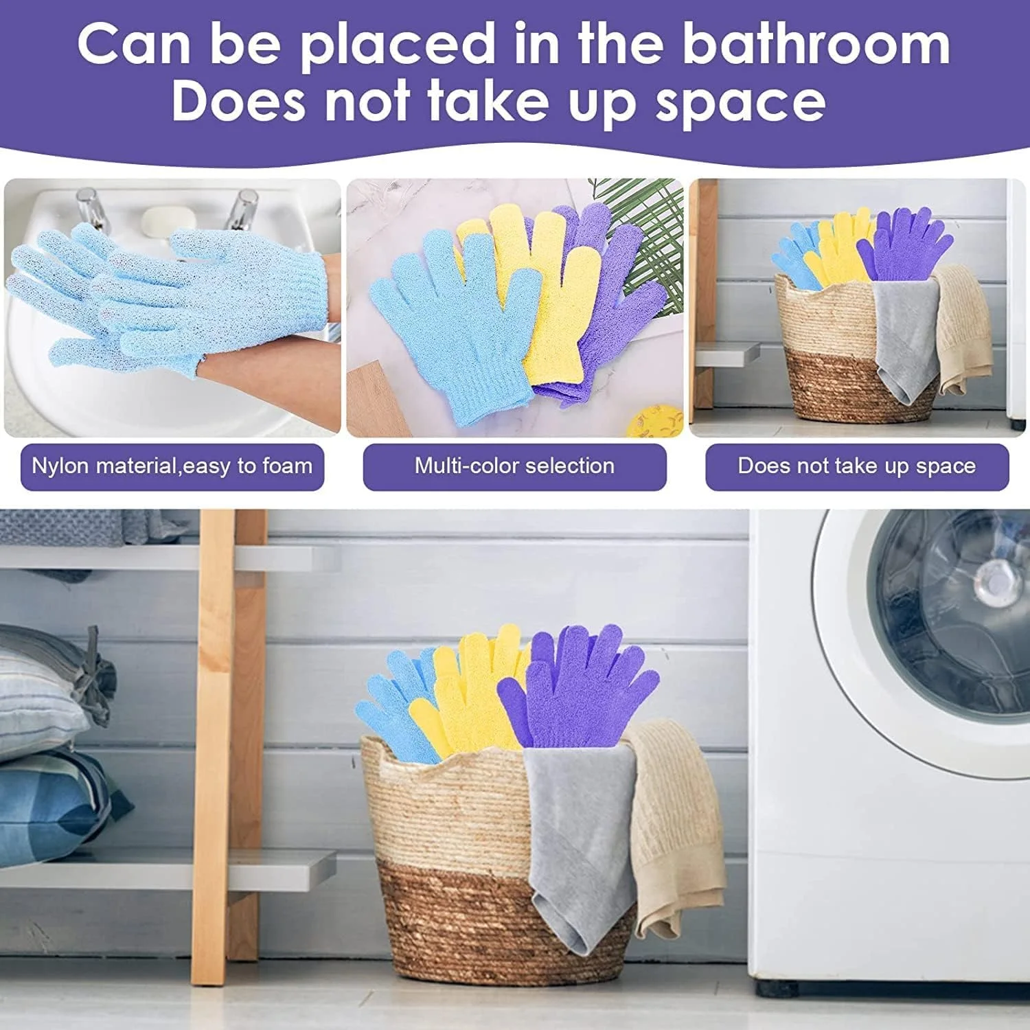 3 جفت دستکش حمام برای دوش، دستکش لوفا لایه بردار طبیعی، دستکش بدن دوش میکروفیبر دو طرفه، برای بدن و صورت، از بین برنده پوست مرده، برای بزرگسالان و کودکان، زرد آبی بنفش