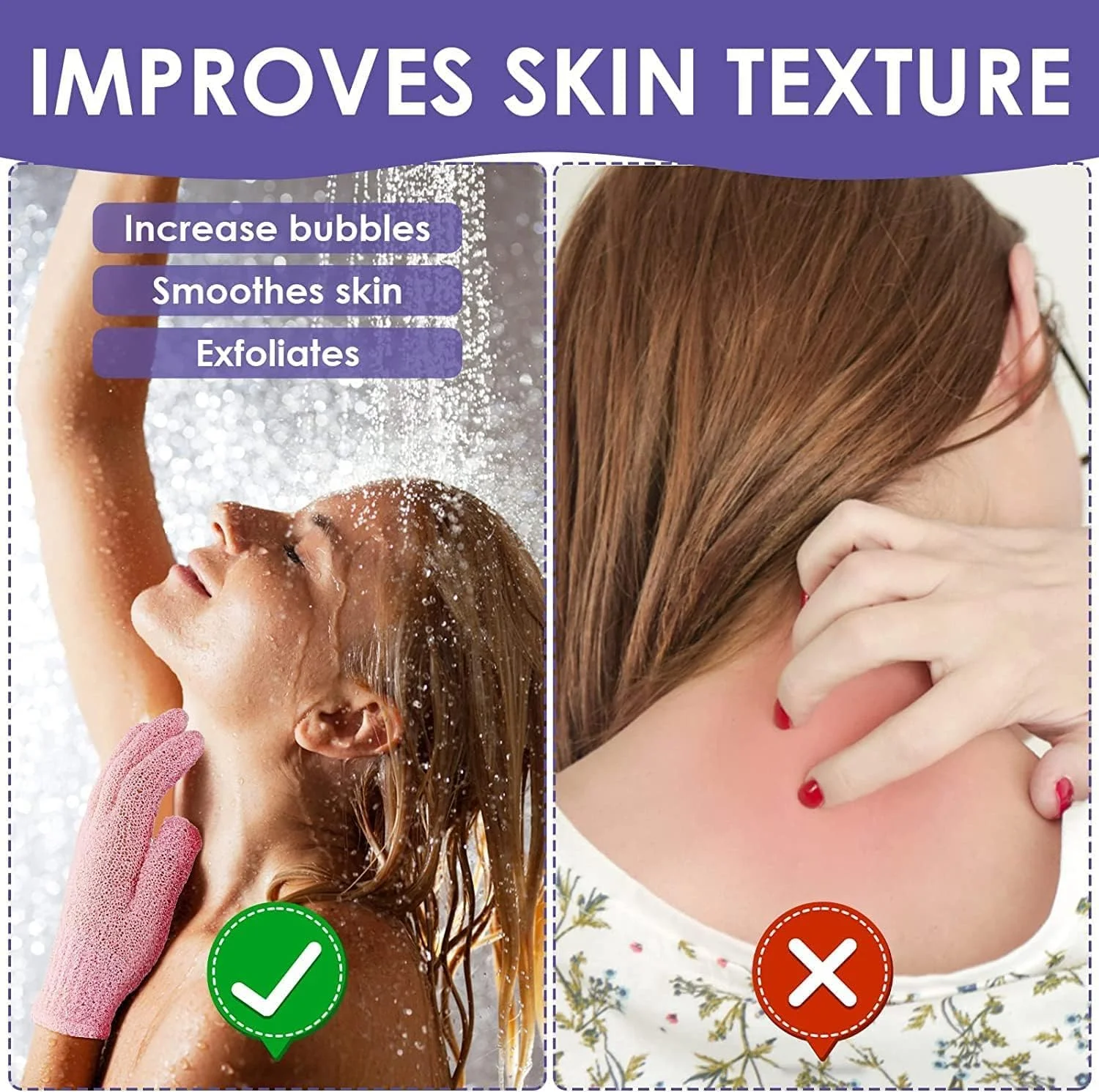 3 جفت دستکش حمام برای دوش، دستکش لوفا لایه بردار طبیعی، دستکش بدن دوش میکروفیبر دو طرفه، برای بدن و صورت، از بین برنده پوست مرده، برای بزرگسالان و کودکان، زرد آبی بنفش