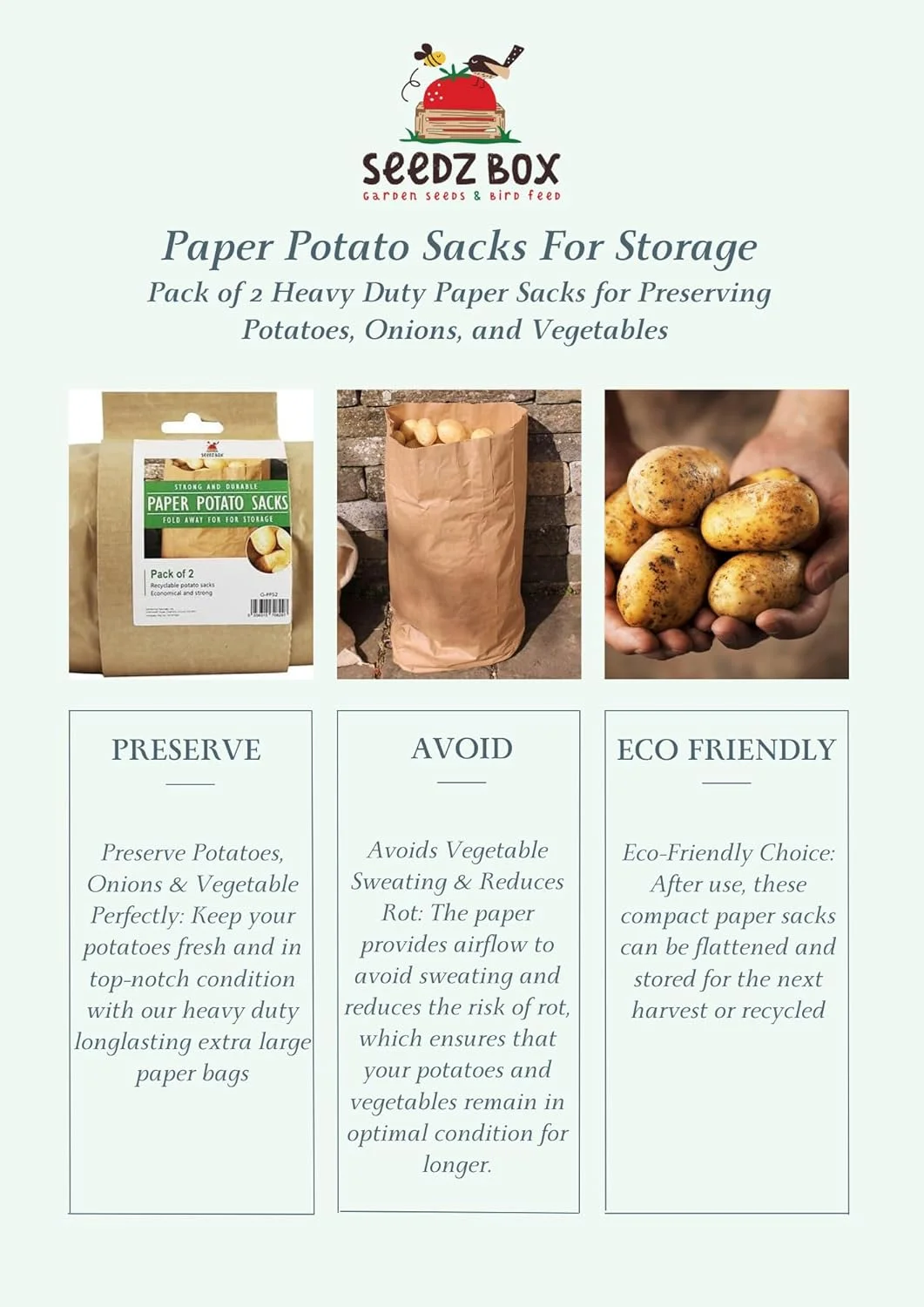 کیسه های کاغذی سیب زمینی Seedzbox برای نگهداری - بسته 2 عددی - حفظ سیب زمینی، پیاز و سبزیجات - کاغذ سنگین - ظرفیت 25 کیلوگرم - جلوگیری از تعریق سبزیجات - جلوگیری از پوسیدگی - قابل بازیافت