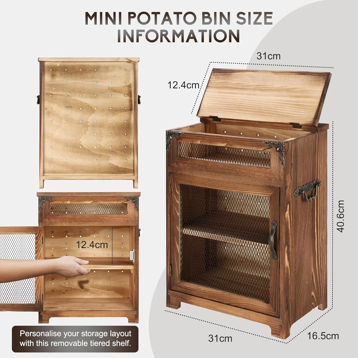 ظرف سیب زمینی چوبی روستیک SENNOR - ظرف پیاز مناسب برای روی کانتر آشپزخانه، 31cm عرض × 16.5cm عمق × 41cm ارتفاع (سوخته)