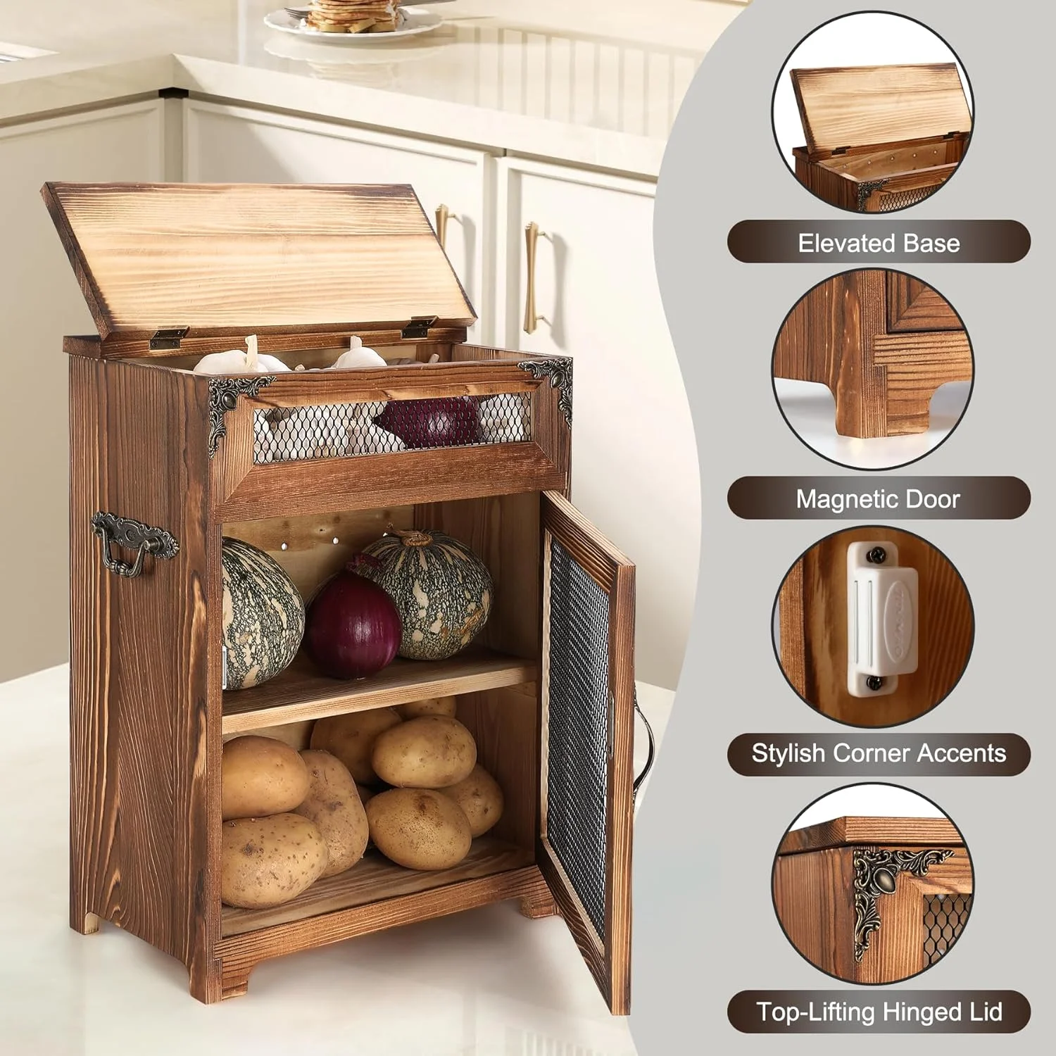 ظرف سیب زمینی چوبی روستیک SENNOR - ظرف پیاز مناسب برای روی کانتر آشپزخانه، 31cm عرض × 16.5cm عمق × 41cm ارتفاع (سوخته)