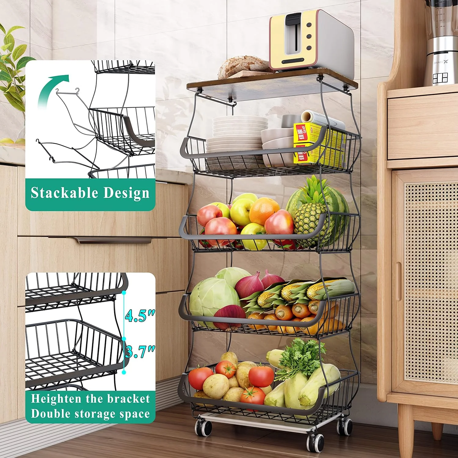 سبد میوه 4 طبقه SAYZH برای آشپزخانه با رویه چوبی، سبد ذخیره سازی میوه و سبزیجات قابل انباشت، سبد ذخیره سازی سیمی با چرخ، قفسه سبد سبزیجات برای پیاز و سیب زمینی، مشکی