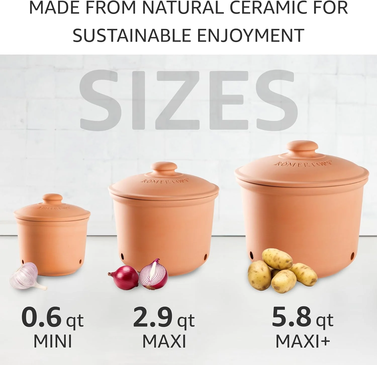 ست 3 تایی ظروف سفالی رمرتاپ برای نگهداری سیب زمینی، پیاز و سیر به همراه درب - رنگ سفالی