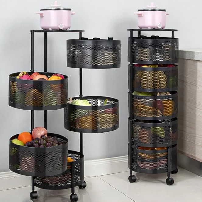 قفسه چرخشی 5 طبقه، سبد سیمی کشویی آشپزخانه با چرخ، قفسه چرخشی ذخیره سازی میوه و سبزیجات برای میوه، سبزیجات، مواد غذایی، ذرت، سیب زمینی، پیاز